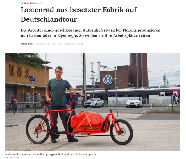 Una cargo-bike da una fabbrica occupata in giro per la Germania. Ilavoratori di una fabbrica di componentistica per auto, vicino a Firenzae, ora chiusa, producono in autogestione delle cargo-bike. Vogliono salvare il loro posto di lavoro