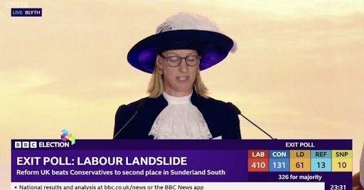 Royal Sherriff of Sunderland wearing a  big feathered hat announcing the result of the UK election in Sunderland 