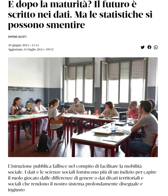 E dopo la maturità? Il futuro è scritto nei dati. Ma le statistiche si possono smentire.
L’istruzione pubblica fallisce nel compito di facilitare la mobilità sociale. I dati e le scienze sociali forniscono più di un indizio per capire il ruolo giocato dalle differenze di genere o dai divari territoriali e sociali che rendono il nostro sistema profondamente diseguale e ingiusto.