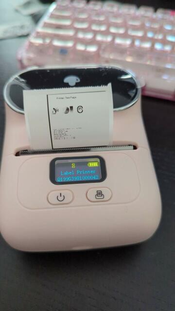 Phomemo mini Bluetooth  label printer with a small screen and the Linux cups test page visible