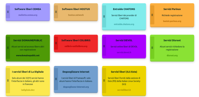 Software liberi CEMEA, Software liberi HOSTUX, Entraide CHATONS Servizi liberi dai provider di Chatons, Servizi Parinux,  Servizi DOMAINEPUBLIC, Software liberi COLIBRIS, Servizi liberi di DEVOL, Servizi Disroot, Servizi liberi di La Digitale,  Degooglizzare Internet Servizi liberi   di Framasoft, Servizi liberi forniti dalla sezione di  Este (PD) della Italian Linux Society