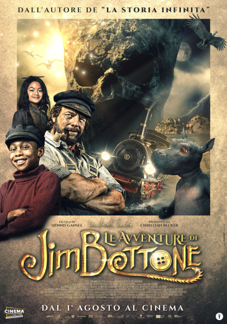 La locandina de Le avventure di Jim Bottone. Jim Bottone, il macchinista Luca, la locomotiva, un mezzo drago e la principessa osservano lo spettatore entre sullo sfondo si staglia no la grotta dove vive il nemico e la piccola isola dove comincia l'avventura.