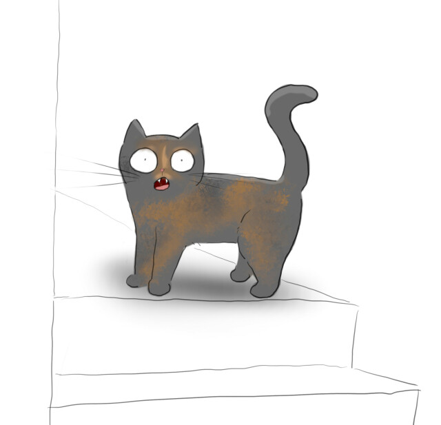 A cartoon of a dilute tortoiseshell cat shouting from the top of some stairs.