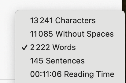 a screenshot from the app iA Writer that shows the number of characters (13241), words (2222), sentences (145) and reading time (11 minutes) for my post about Friendica