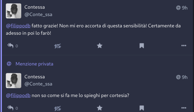 Contessa: non so come si fa me lo spieghi per cortesia?

Contessa: fatto grazie! Non mi ero accorta di questa sensibilital Certamente da adesso in poi lo faro

