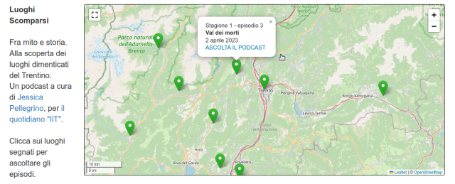 Schermata del sito con la mappa degli episodi del podcast "Luoghi scomparsi".