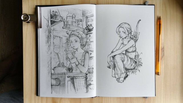 Ballpoint-pen sketches of a cooker while reading her phone on a cozy kitchen, and an archer.