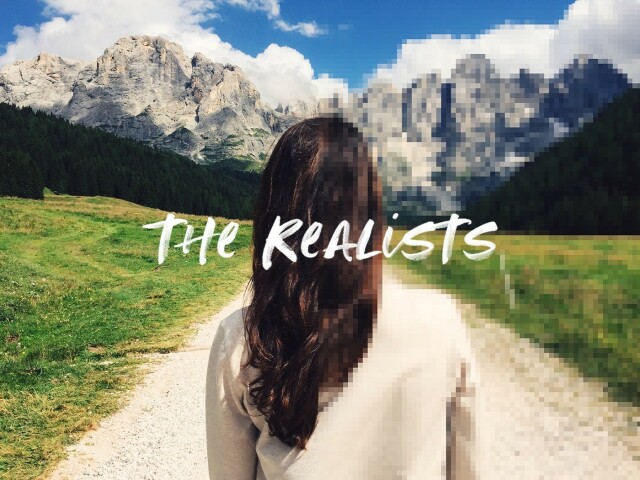 a photo of a woman seen from the back looking at a mountain range. the left side of the photo is normal; the right side is fully pixelated. The handwritten headline "The Realists" appears in the middle of the photo