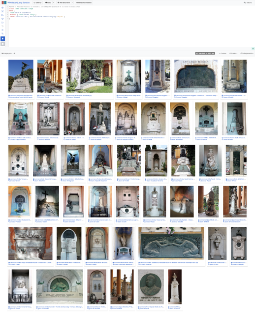 screenshot della query con i risultati (mostrati a griglia di immagini) delle  opere di Pasquale Rizzoli su Wikidata, sono quasi tutti monumenti funebri in Certosa, da testare qui https://w.wiki/Aztt 