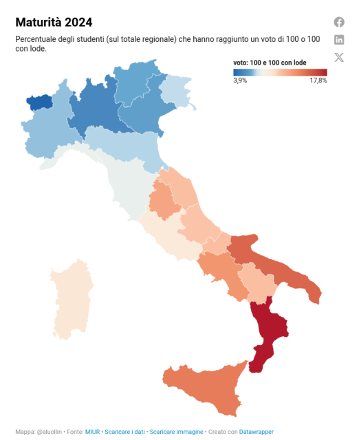 mappa che mostra la percentuale regionale degli studenti che hanno preso 100 o 100 con lode alla Maturità 2024.