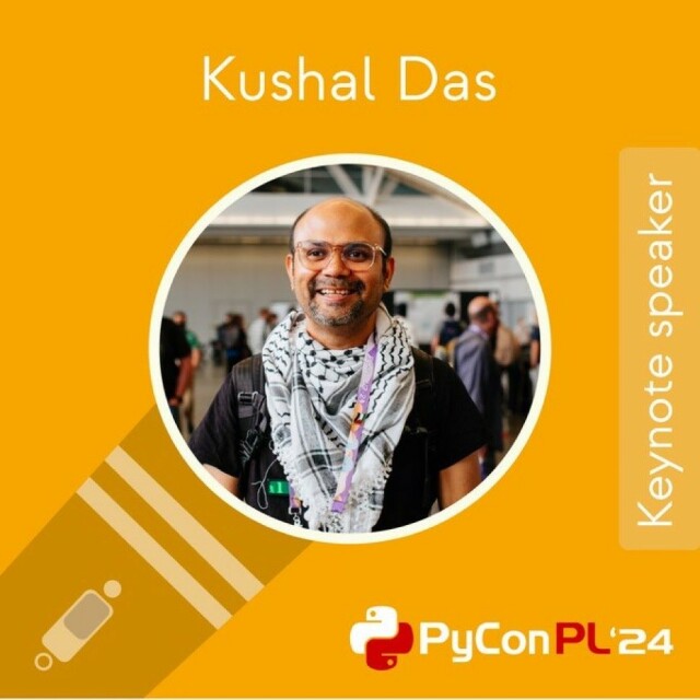 Kushal's photo in the poster for keynote speaker page for PyConPL24.