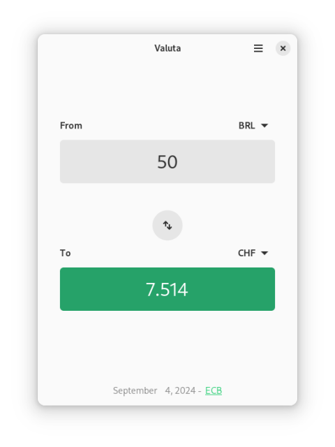 A screenshot of Valuta, showing how 50 BRL converts to 7.514 CHF