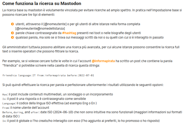 Un passaggio delle indicazioni su quali operatori utilizzare nella ricerca su Mastodon