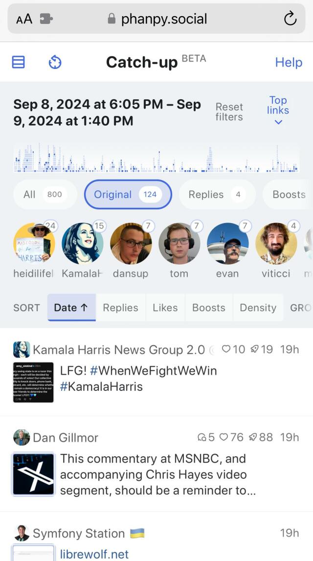 A screenshot showing the Phanpy.social interface - and its iconic Catch-Up feature - as displayed on my iPhone using Safari 