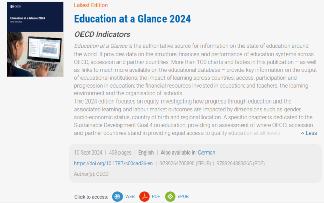 Education at a Glance 2024
OECD Indicators
Education at a Glance is the authoritative source for information on the state of education around the world. It provides data on the structure, finances and performance of education systems across OECD, accession and partner countries. More than 100 charts and tables in this publication – as well as links to much more available on the educational database – provide key information on the output of educational institutions; the impact of learning across countries; access, participation and progression in education; the financial resources invested in education; and teachers, the learning environment and the organisation of schools.

The 2024 edition focuses on equity, investigating how progress through education and the associated learning and labour market outcomes are impacted by dimensions such as gender, socio-economic status, country of birth and regional location. A specific chapter is dedicated to the Sustainable Development Goal 4 on education, providing an assessment of where OECD, accession and partner countries stand in providing equal access to quality education at all levels.

