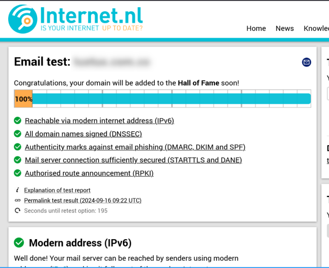 Result page of the internet site Internet.nl showing 100% score of a mail server test