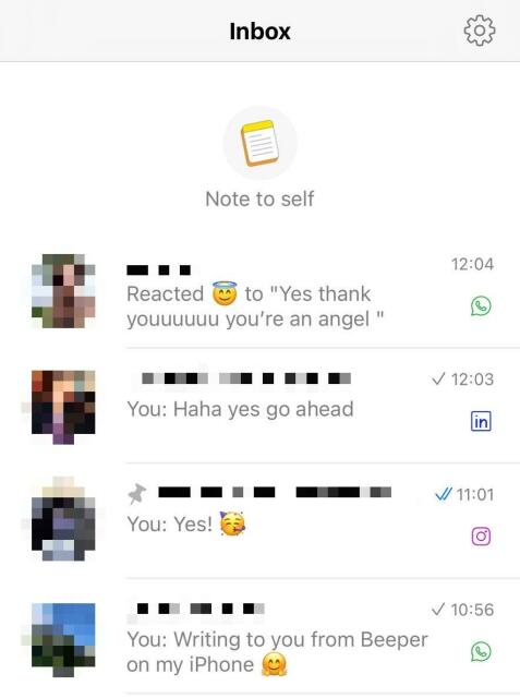 a screenshot from the main page in the app Beeper, showing messages from Whatsapp, LinkedIn and Instagram