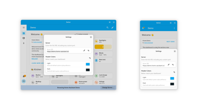 Screenshot of two windows side-by-side. On the left: a larger "desktop" size window with the settings in a dialog window, centered and floating over the parent window. On the right: a smaller, skinnier "mobile" size window with the same settings shown as a bottom sheet that slid up from the bottom.