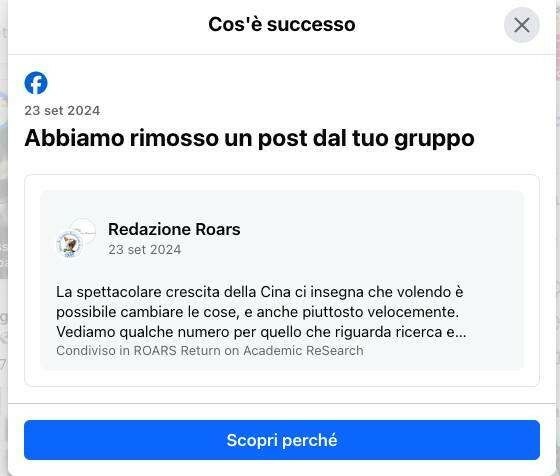 L'avviso di Facebook che ha rimosso questo articolo dal gruppo su cui era stato pubblicato