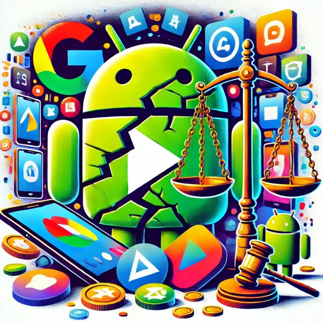 An illustration for the post. It visually represents the impact of the court ruling on Google’s Play Store, highlighting the themes of disruption, competition, and digital freedom. Let me know if any adjustments are needed!