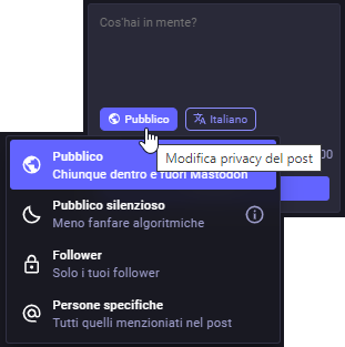 La tradizionale scelta per selezionare la visibitò di un post: pubblico, non elencato, solo follower e utenti menzionati