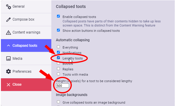 La finestra di dialogo con le impostazioni specifiche di glitch-soc. Consigliamo di modificare il numero di pixel da 500 a 600 e di togliere la spunta alla voce "Lenghty toots"