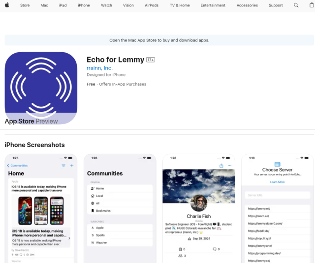 Screenshot dell'App Store di Apple