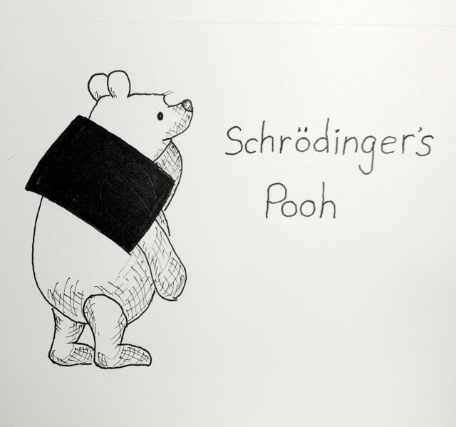 A drawing of Winnie the Pooh with a black box obscuring whether or not he is wearing a shirt. 