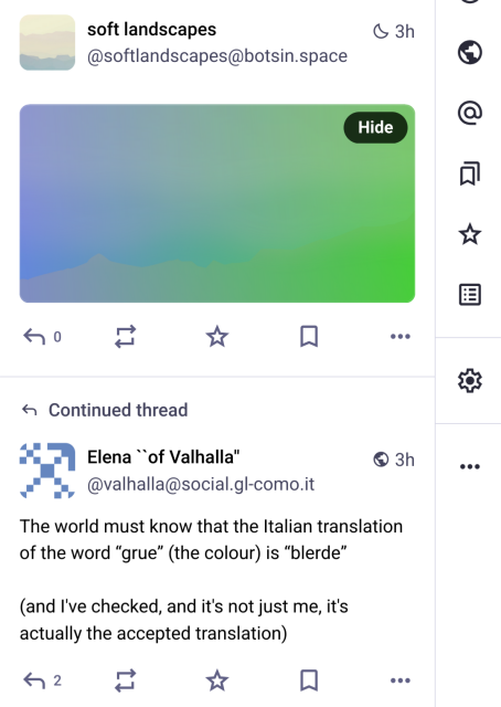 "Soft Landscapes" automated account post of a landscape in a gradient of blue and green directly above Elena's post mentioning the word "grue."