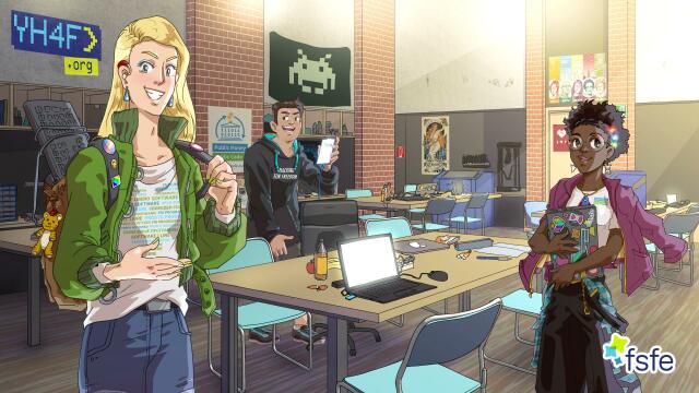 Illustration showing three teenager: two female and one male, in a room that looks like a classroom and has some posters on the walls and several devices such as a laptop or a smartphone