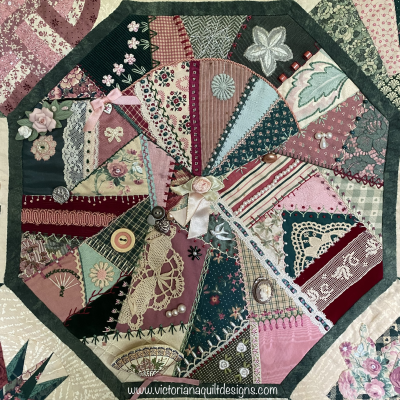 Crazy quilted center - octagon shaped. 