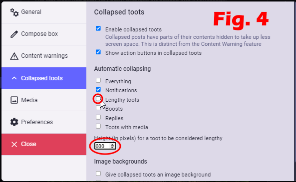 La scheda **"Collapsed Toots**" per togliere o mettere il flag alle seguenti voci:

* Tutto
* Notifiche
* Toot lunghi
* Boost
* Risposte
* Toot con media

e per impostare l'altezza (in pixel) per considerare lungo un messaggio