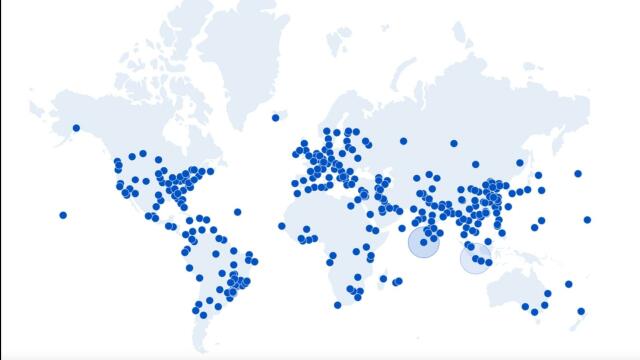 mappa dei nodi Cloudflare distribuiti in modo capillare nel mondo con centinaia di Paesi serviti.