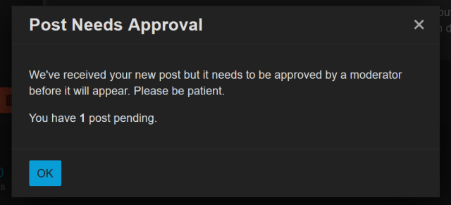 A screenshot from discuss.opensource.org showing a popup that states that my post needs approval.