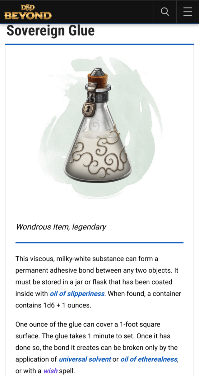 Page from DND Beyond describing the Sovereign Glue item. Textual description in the content of this post.