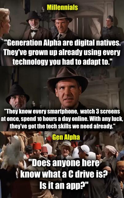 Three panels from Indiana Jones. 

Panel 1:

Millennials:

"Generation Alpha are digital natives.
They've grown up already using every technology you had to adapt to."

Panel 2:

"They know every smartphone, watch 3 screens at once, spend 10 hours a day on line. With any luck, they've got the tech skills we need already."

Panel 3:

Gen Alpha:

"Does anyone here know what a C drive is?
Is it an app?"