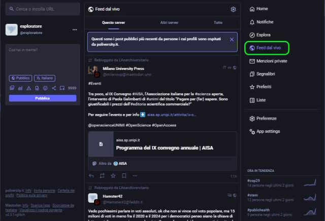 Schermata web di Mastodon: il flusso dei contenuti del proprio server
