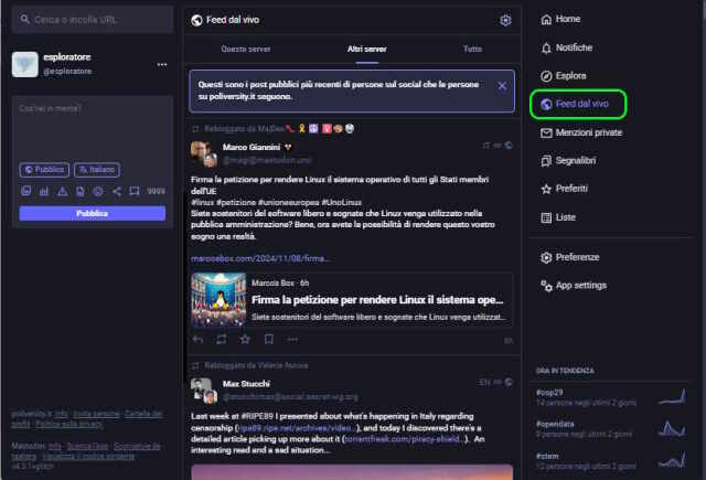 Schermata web di Mastodon: il flusso dei contenuti degli altri server