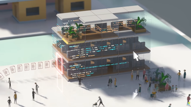 Illustration from the video about Public Money, Public Code! showing what looks like a public administration building with Free Software. There are files entering or leaving the building on the left side, the building looks modern and full of plants and you can see lines of code on its facade. There are people walking around it