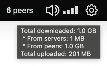 screenshot of tooltip:

Total downladed: 1.0GB
- from servers: 1MB
- from peers: 1.0GB
Total uploaded: 201MB