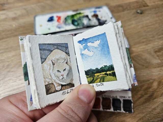 A tiny sketchbook held in a hand. The left page shows a very grumpy creamy white cat. On the right is a summer landscape with a blue sky and a few clouds and a luscious green forest underneath. In the foreground are green fields, framed by juicy green bushes. 