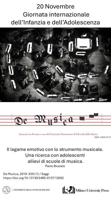 De Musica, 2019: XXIII (1) / Saggi 

Il legame emotivo con lo strumento musicale. Una ricerca con adolescenti allievi di scuole di musica. 