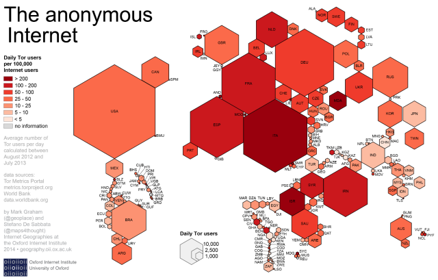 Description	
English: This cartogram illustrates users of Tor: one of the largest anonymous networks on the internet. An updated 2015 map can be found here.
Date	23 August 2014, 10:33:13
Source	Own work
Author	Stefano.desabbata