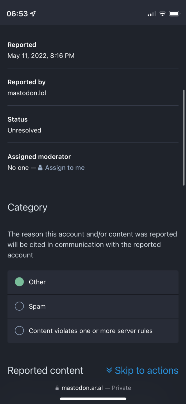 Screenshot of the report showing that it was reported by mastodon.lol