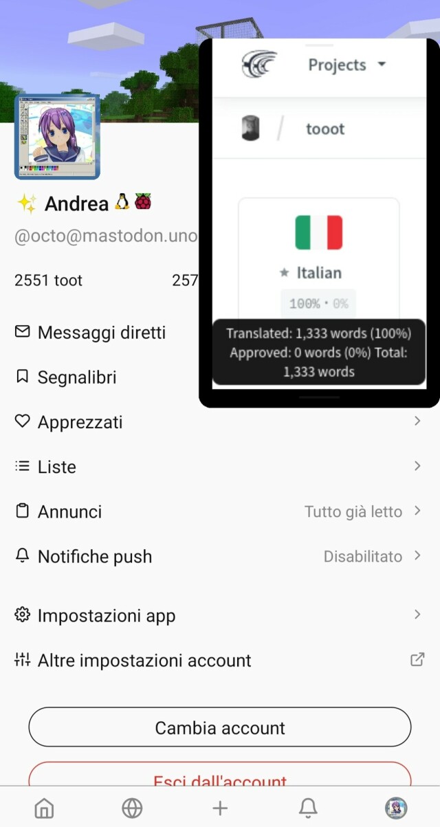 Schermata dei dettagli del mio profilo su tooot, visibilmente con le opzioni in italiano.

In popup, schermata di Crowdin che mostra che la traduzione italiana (1333 parole) è completa al 100%.