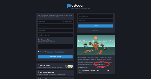 Screenshot of a mastodon server's website front page, with the "learn more" link highlighted.