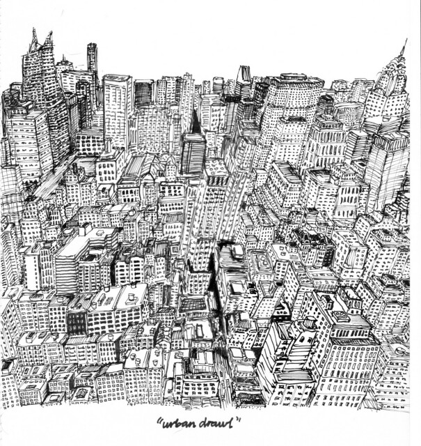 A cartoon drawing of Manhattan showing lots of buildings and even more windows