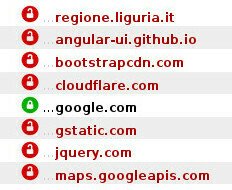 Risultato di NoScript per il sito http://omirl.regione.liguria.it/Omirl/

Oltre che sul proprio server si avvale di:
- angular-ui.github.io
- bootstrapcdn.com
- cloudflare.com
- google.com
- gstatic.com
- jquery.com
- maps.googleapis.com
