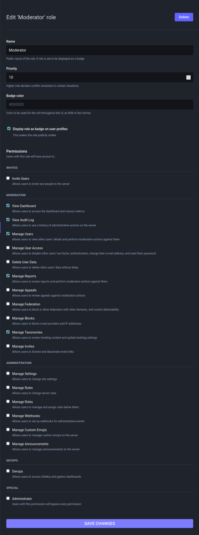 Screenshot of a page from Mastodon's admin UI that shows what editing a user role looks like. There are various fields and permission flags for different features.