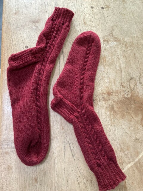 Red merino woolen socks (2) with cables on the sides